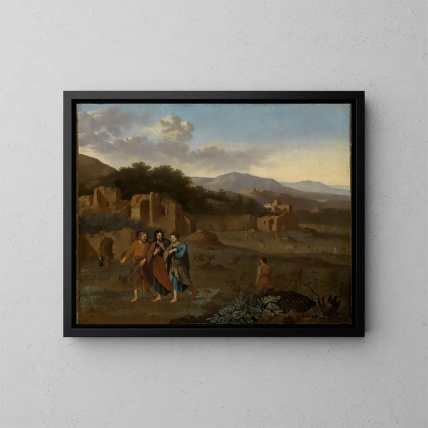 Paesaggio montano italiano con Cristo e i due discepoli in viaggio per Emmaus - Cornelis van Poelenburg — quadro incorniciato alla parete