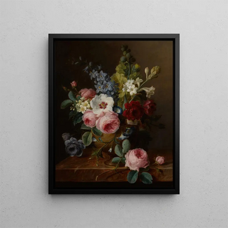 Cornelis van Spaendonck - Still life of flowers in a vase on a marble ledge including roses hibiscus bellflowers hollyhocks and anenomes.webp