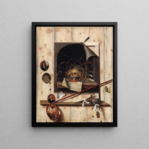 Trompe-l'œil con parete da laboratorio e natura morta con vanità - Cornelius Norbertus Gijsbrechts — quadro incorniciato alla parete