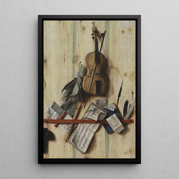 Trompe-l'œil con violino, libro di musica e flauto dolce - Cornelius Norbertus Gijsbrechts — quadro incorniciato alla parete
