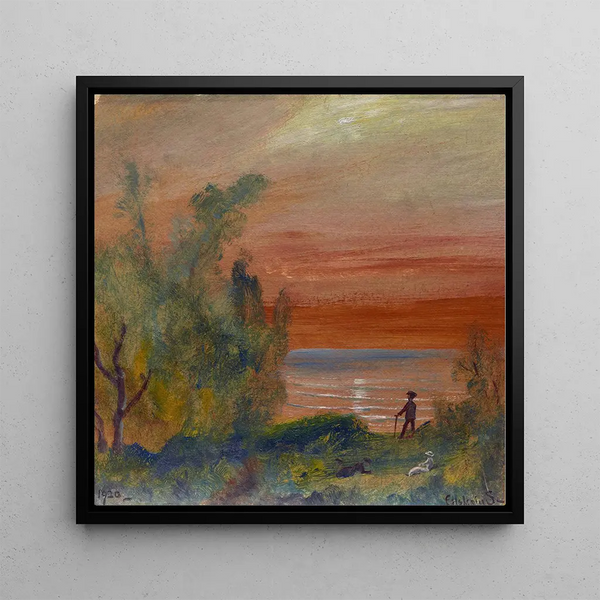 Coucher de soleil avec un homme debout sur la rive - Louis Michel Eilshemius