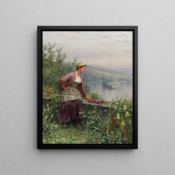 Fille bretonne surplombant un ruisseau - Daniel Ridgway Knight — quadro incorniciato alla parete