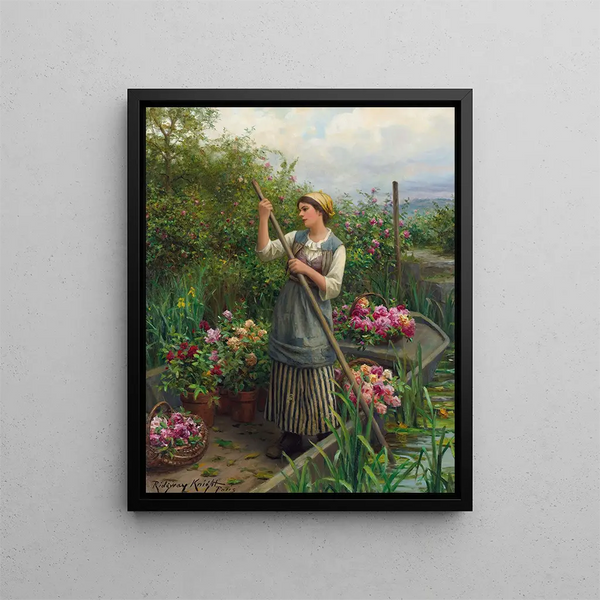 Raccolta di fiori lungo il fiume - Daniel Ridgway Knight — quadro incorniciato alla parete
