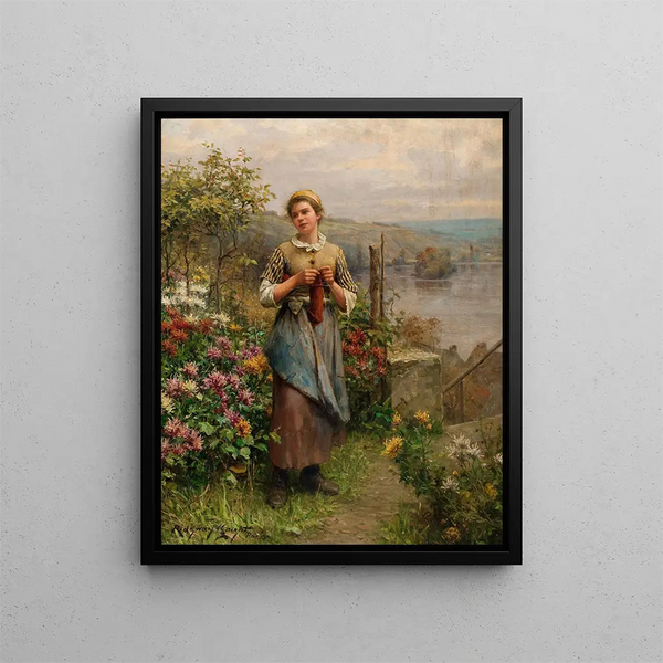 Giovane donna che lavora a maglia - Daniel Ridgway Knight — quadro incorniciato alla parete