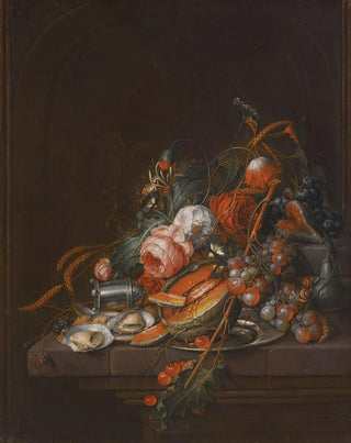 David Cornelisz de Heem - A Still Life Of Oysters Grapes Cherries Roses Corn Snails A Melon And A Silver Sugar Shaker On A Stone Plinth.webp