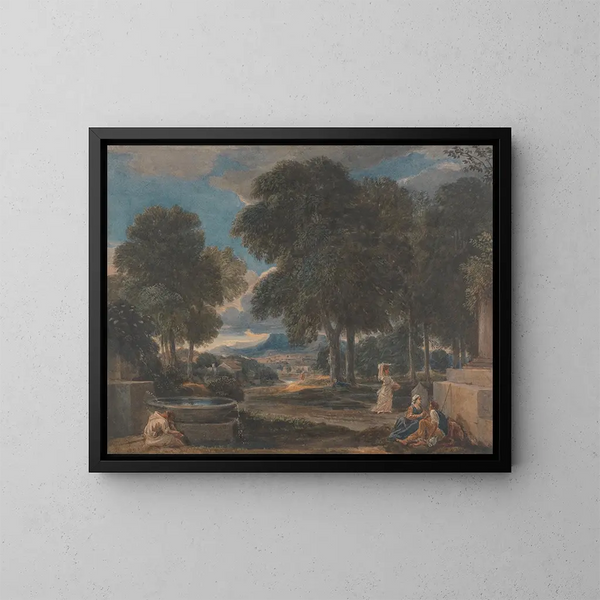 Paesaggio con un uomo che si lava i piedi a una fontana da Poussin - David Cox — quadro incorniciato alla parete