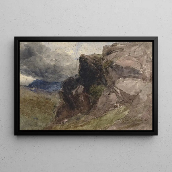 David Cox - Rocky landscape in Wales with figure drawing in the foreground to the right.webp