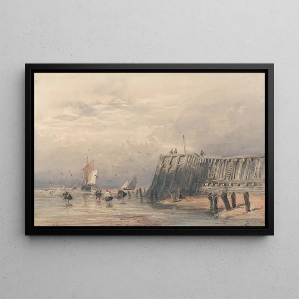 Vele e pescatori di gamberetti al largo di un molo - David Cox — quadro incorniciato alla parete