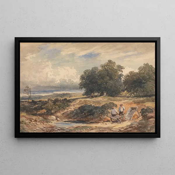 Paesaggio con uomini che setacciano la sabbia - David Cox Jnr — quadro incorniciato alla parete