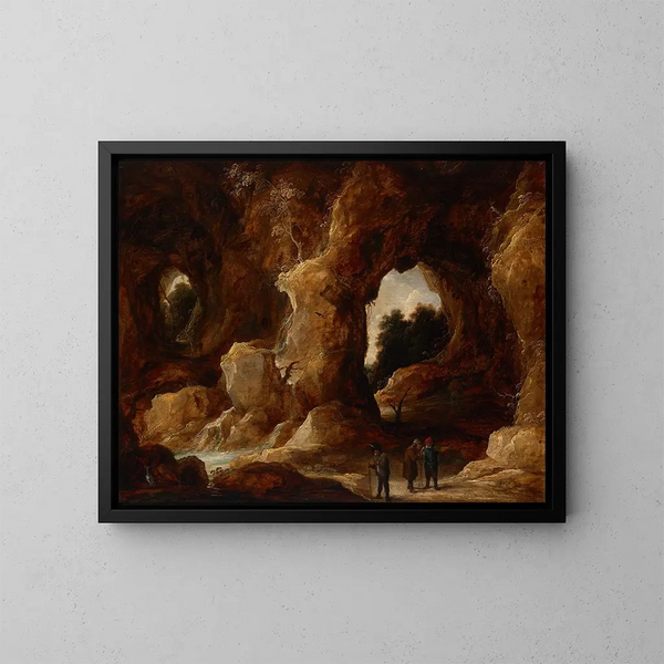 Una grotta con figure, un cervo e una cicogna - David Teniers il Giovane — quadro incorniciato alla parete