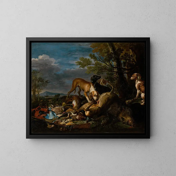 Natura morta di caccia con cani - David de Coninck — quadro incorniciato alla parete