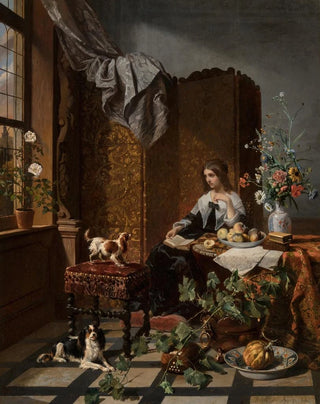 David mile Joseph de Noter - A woman with lapdogs in a lavish interior.webp