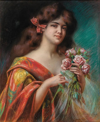 Delphin Enjolras - Portrait of a Lady in a Negligee Holding Roses.webp
