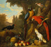 Due aras, un cacatù, un corvo con becco rosso e altri uccelli in un paesaggio con frutti - Jakob Bogdny — vista dell’opera