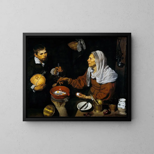 Una vecchia donna che cucina uova - Diego Velázquez — quadro incorniciato alla parete