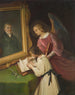 Ragazza con un angelo custode che scrive davanti a un ritratto dipinto del fondatore Ph. Merian - Dionys Ganter — vista dell’opera