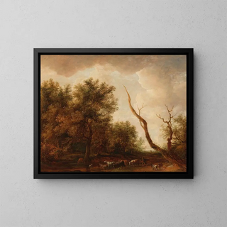 Dirck Dalens - A wooded landscape with a shepherd and his flock.webp