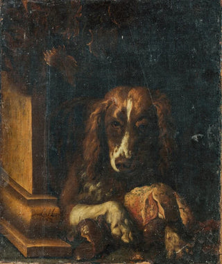 Dirck De Horn - A Spaniel with a large bone of meat.webp