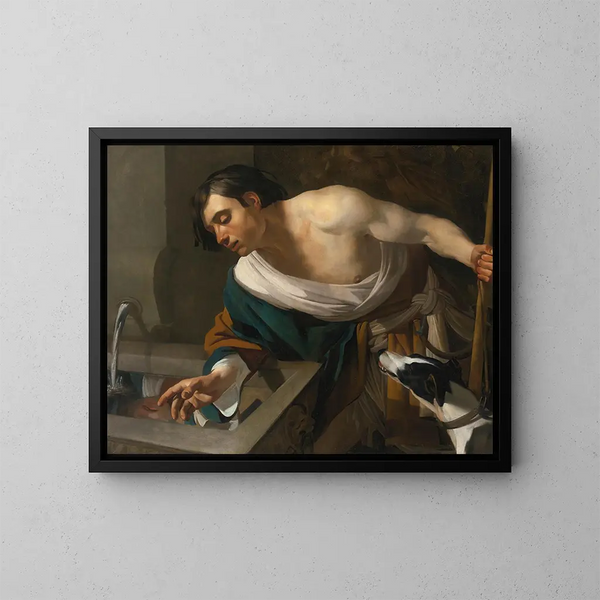 Narciso che contempla il suo riflesso - Dirck van Baburen — quadro incorniciato alla parete
