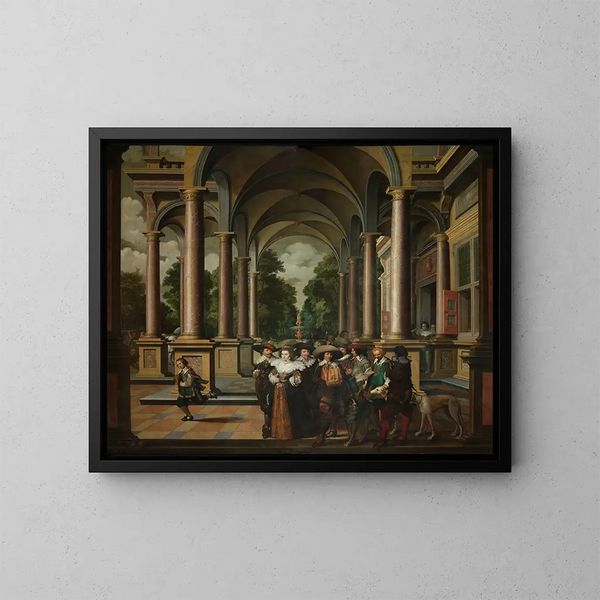 Galleria di un palazzo con architettura ornamentale e colonne - Dirck van Delen — quadro incorniciato alla parete