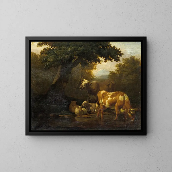 Bétail au point d'eau - Dirck van Bergen — quadro incorniciato alla parete