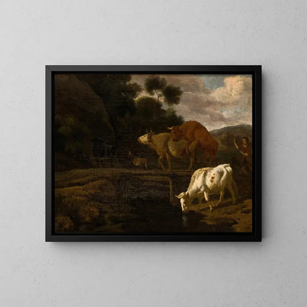 Mucche su un ponte pedonale - Dirck van Bergen — quadro incorniciato alla parete