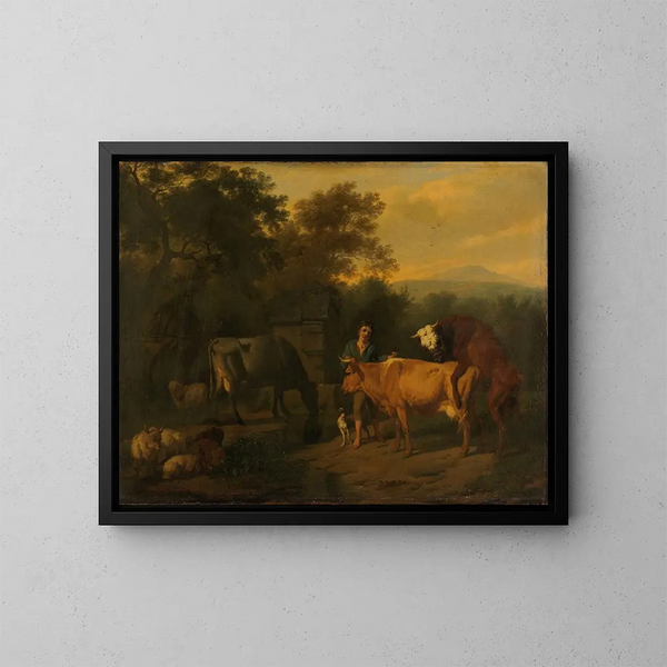 Paesaggio con un pastore e il bestiame - Dirck van Bergen — quadro incorniciato alla parete