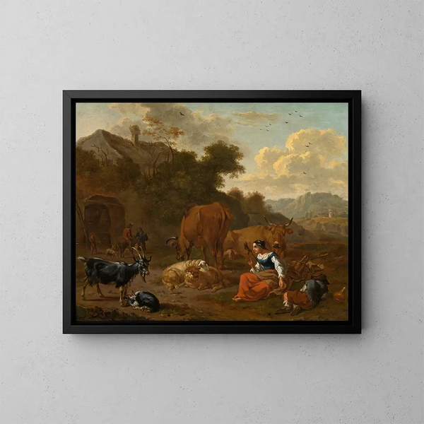 Paesaggio con una filatrice e bestiame - Dirck van Bergen — quadro incorniciato alla parete