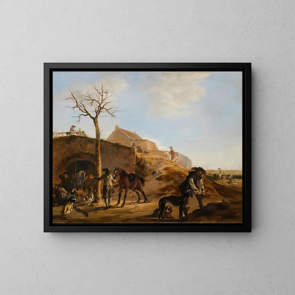 Un paesaggio con cacciatori che preparano la caccia con i loro cani e cavalli - Dirk Stoop — quadro incorniciato alla parete