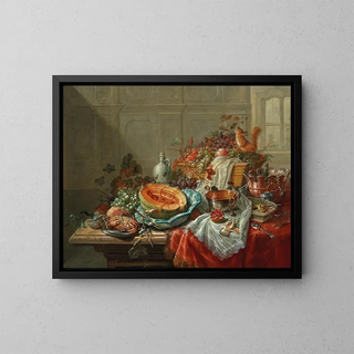 Dominicus Gottfried Waerdigh - Porcelain silver objects fruit and shellfish on a table.webp