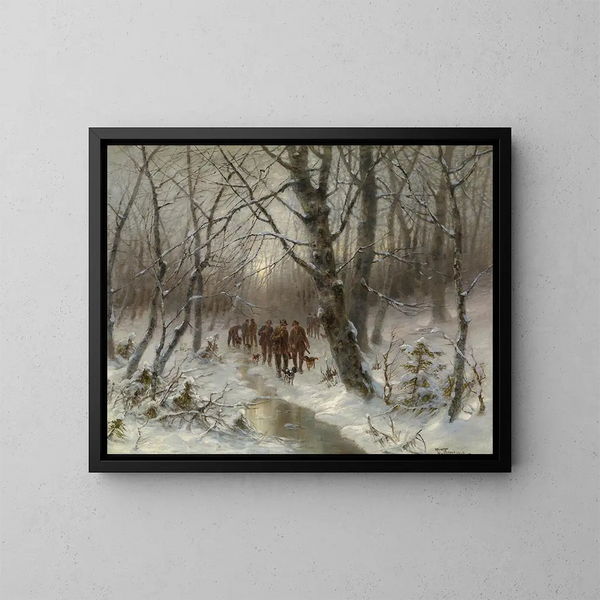 Cacciatore nella foresta invernale - Désiré Thomassin — quadro incorniciato alla parete