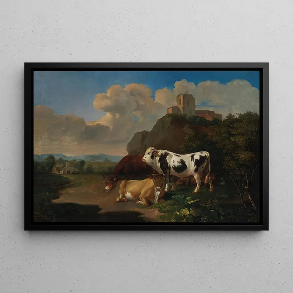 Un paesaggio con bestiame e rovine in lontananza - Scuola Olandese — quadro incorniciato alla parete