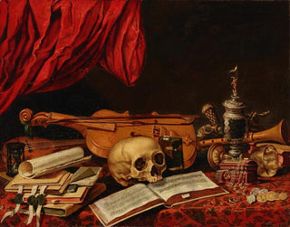 Dutch School - Musical instruments books an hourglass a ewer and a skull on a table  a vanitas.webp