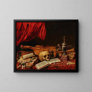 Dutch School - Musical instruments books an hourglass a ewer and a skull on a table  a vanitas.webp