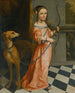 Ritratto di una ragazza in piedi con un vestito rosa, un fiocco e un cane - Scuola Olandese — vista dell’opera