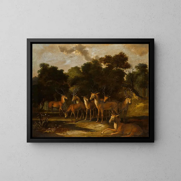 Cervi e una capriola vicino a uno stagno in una radura forestale - Scuola Olandese — quadro incorniciato alla parete