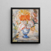 Natura morta di fiori in un vaso decorativo blu con un uccello appollaiato accanto su un davanzale - Scuola Olandese — quadro incorniciato alla parete
