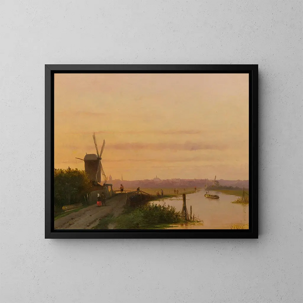 Tramonto su una città olandese - Scuola olandese — quadro incorniciato alla parete