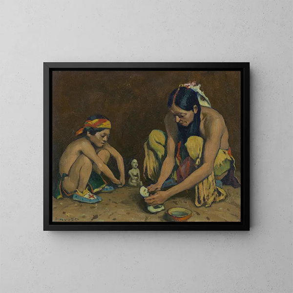 Il creatore del dio della pioggia - Eanger Irving Couse — quadro incorniciato alla parete