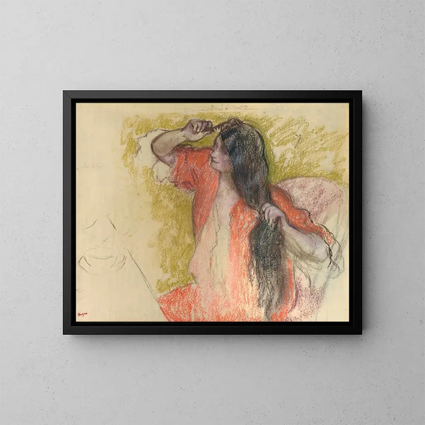 Donna in vestaglia rossa che si pettina - Edgar Degas — quadro incorniciato alla parete