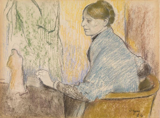 Madame Henri Rouart seduta su una poltrona davanti a un piccolo tavolo con una statuetta di Tanagra - Edgar Degas — vista dell’opera