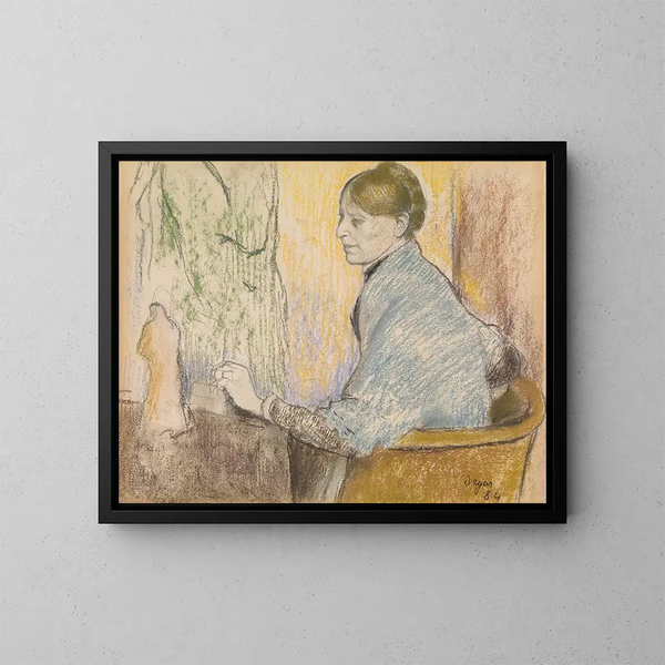 Madame Henri Rouart seduta su una poltrona davanti a un piccolo tavolo con una statuetta di Tanagra - Edgar Degas — quadro incorniciato alla parete