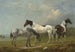 Due cavalli pezzati, un grigio e un epagneul in un paesaggio vasto, una casa di campagna in lontananza - Edmund Bristow — vista dell’opera