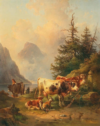 Edmund Mahlknecht - Herd of animals with shepherdess on the lakeside.webp