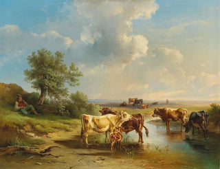 Edmund Mahlknecht - Herdsman with Herd of Cows on the Banks of the Stream.webp