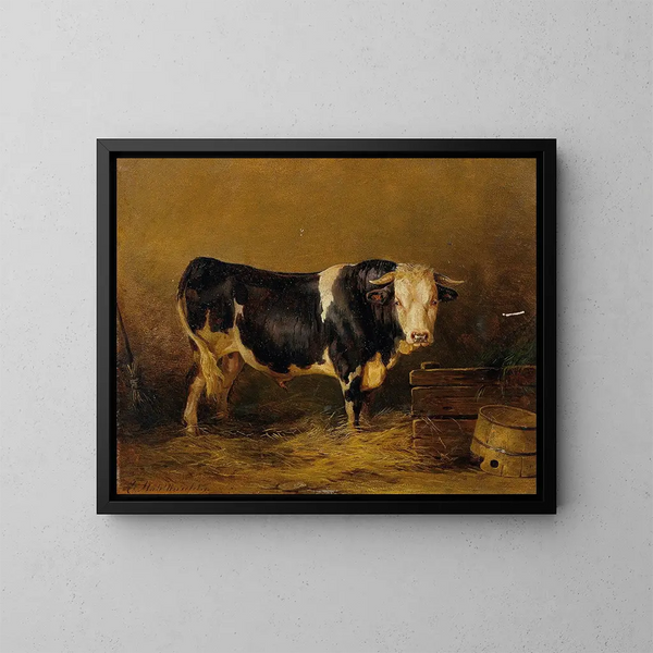 Toro nella stalla - Edmund Mahlknecht — quadro incorniciato alla parete