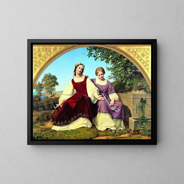 Due ragazze al pozzo - Eduard Julius Friedrich Bendemann — quadro incorniciato alla parete