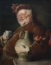 Falstaff a tavola con una brocca di vino e una tazza in stagno - Eduard von Grützner — vista dell’opera