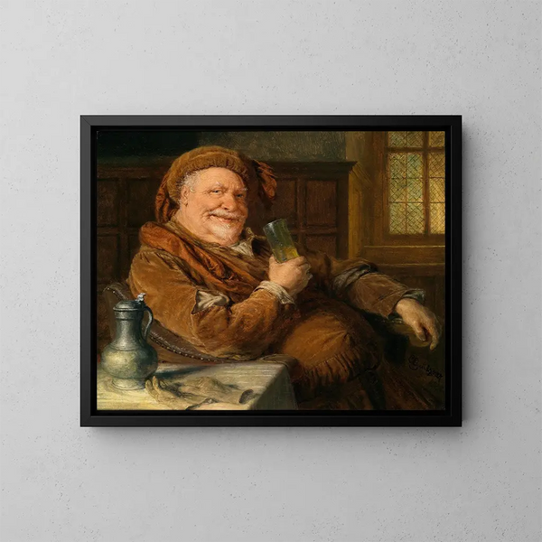 Falstaff con una brocca in stagno e un bicchiere di vino - Eduard von Grützner — quadro incorniciato alla parete