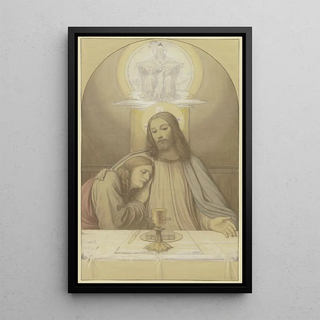 Eduard von Steinle - Christus mit dem Lieblingsjnger Johannes Halbfiguren am Tisch des letzten Abendmahles ber ihnen die Dreifaltigkeit.webp